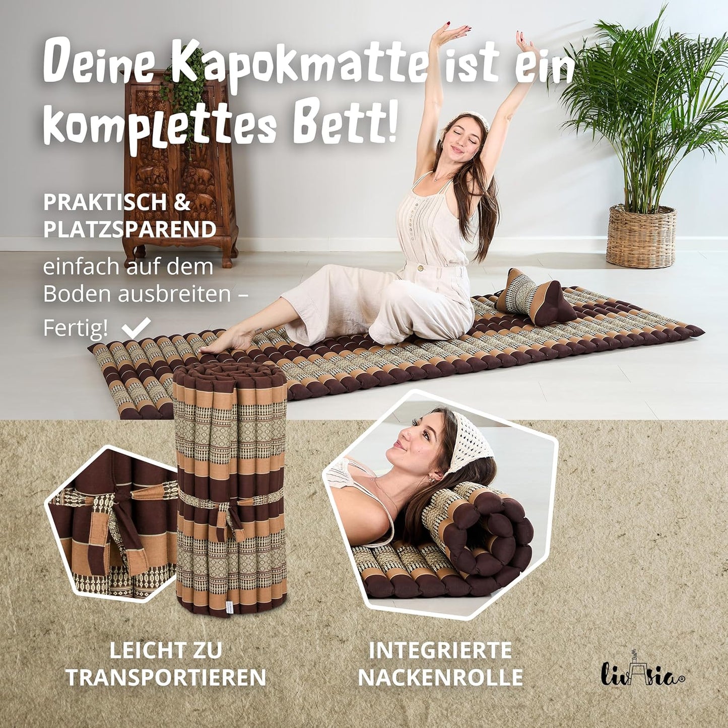 Rollmatratze aus Kapok für Gäste und Reisen, M (200 x 75 cm) Braun
