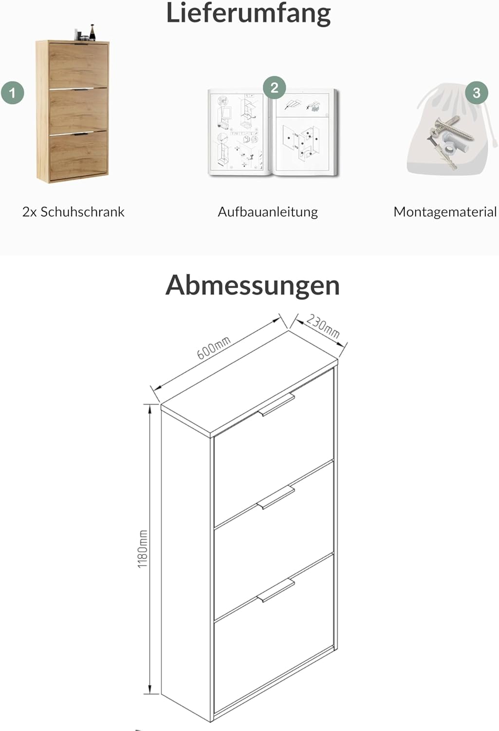Schuhschrank-Set mit 3 Klappen (2 Stück), 2x 3 Klappen Gold Eiche