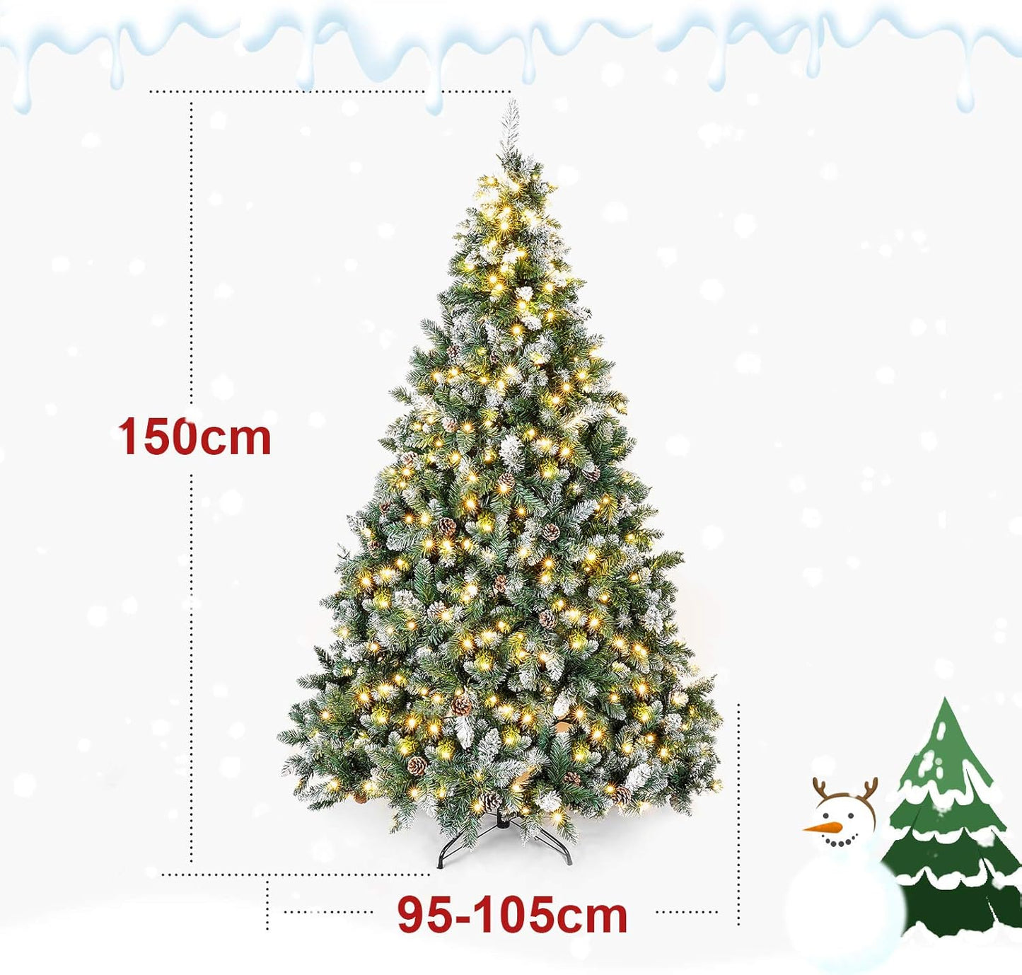 Künstlicher LED-Weihnachtsbaum mit Schneeoptik und Tannenzapfen, 150cm