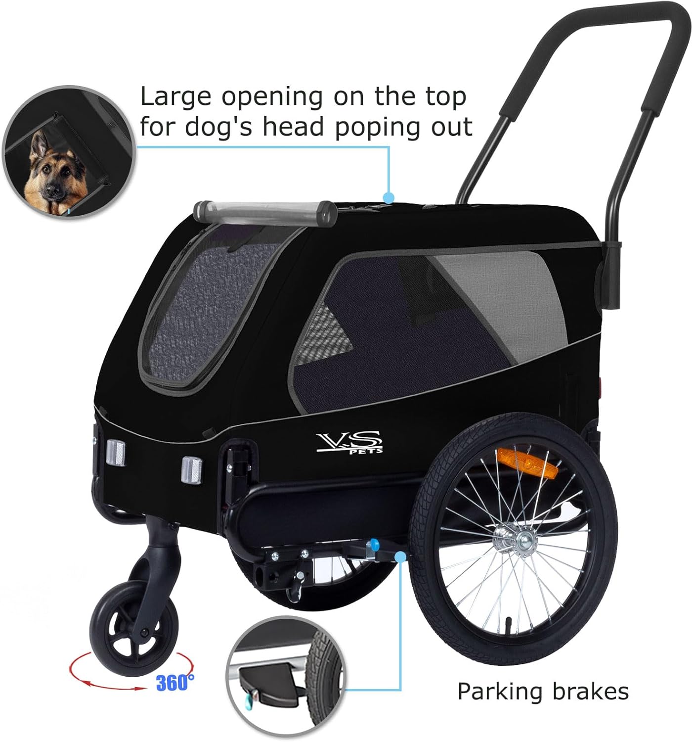 VS 2in1 Hundeanhänger & Buggy bis 23kg, Schwarz