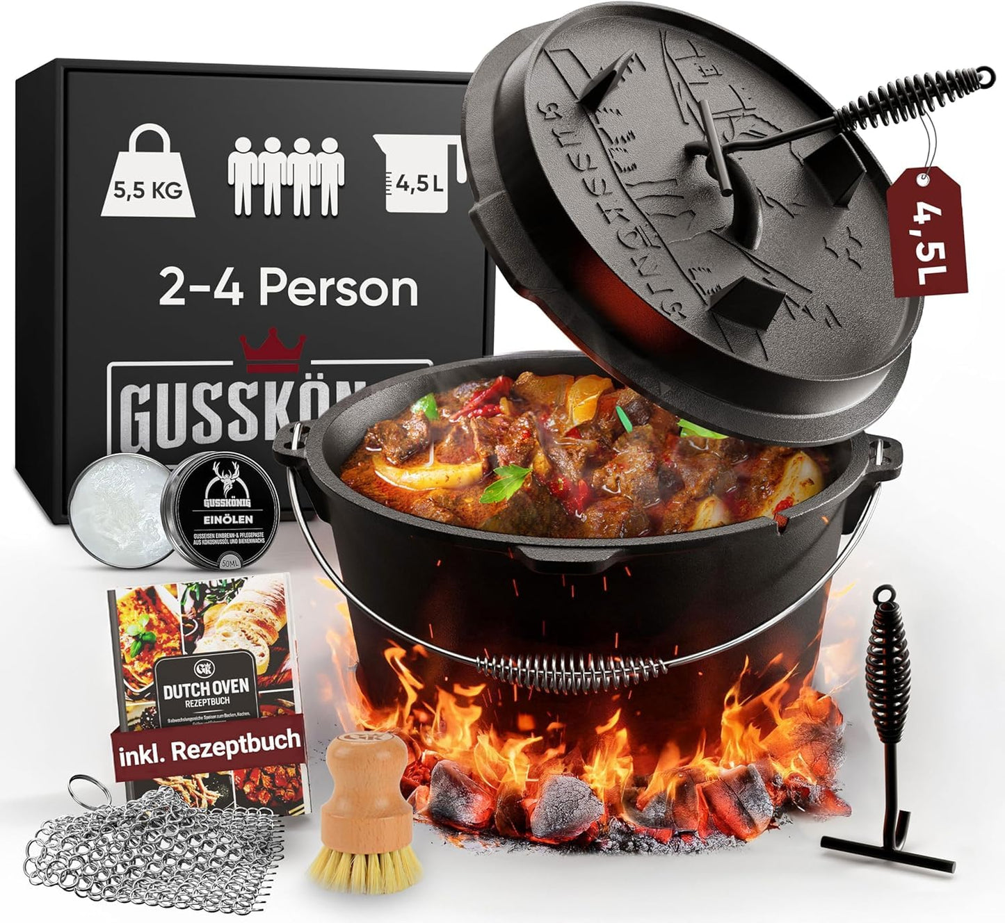 Dutch Oven Set mit Zubehör & Rezeptbuch, Topf mit Fuss+Bürste 4.5 Liter