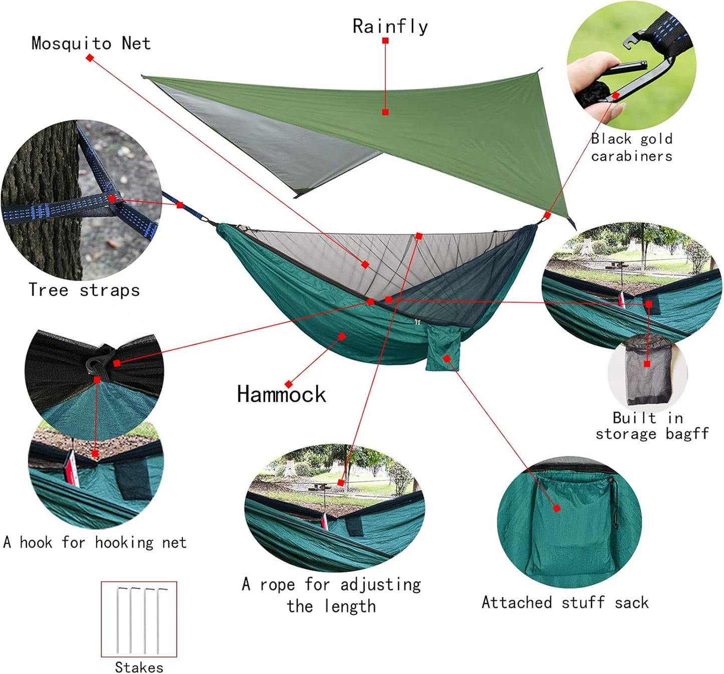 Camping-Hängematten-Set mit Moskitonetz und Regenfliege, Dunkelgrün