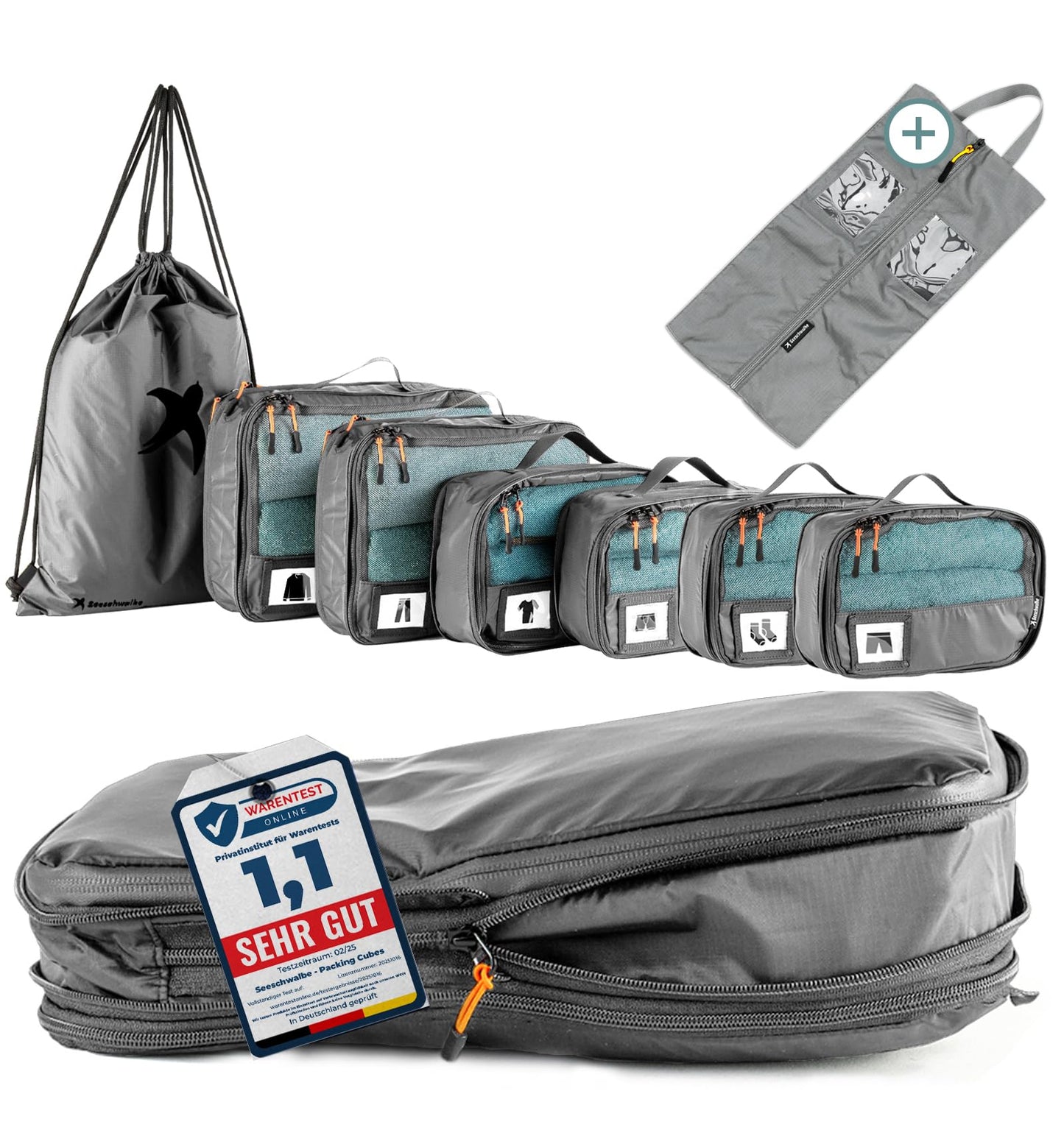 8-teiliges Kompressions-Packwürfel-Set, Grau 8-teiliges Set