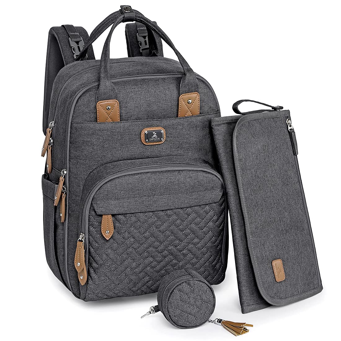 Wickeltasche Rucksack mit Wickelauflage und Zubehör, Dunkelgrau