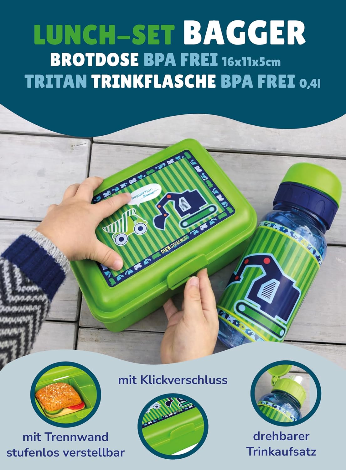4-teiliges Kindergartenrucksack-Set, Bagger - Grün & Blau Rucksack-Set
