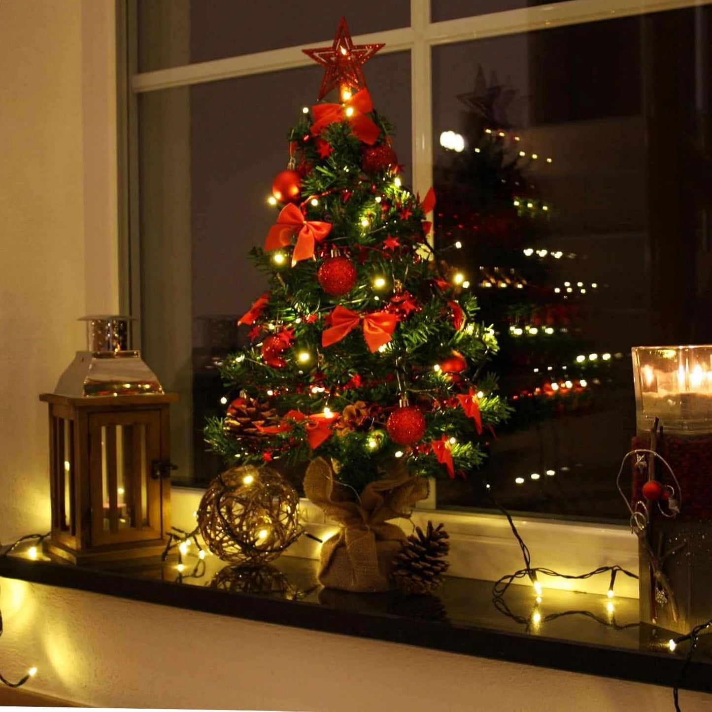 Künstlicher Weihnachtsbaum mit LED & Deko (60 cm), 60 cm Grün-rot-braun+warmweiss