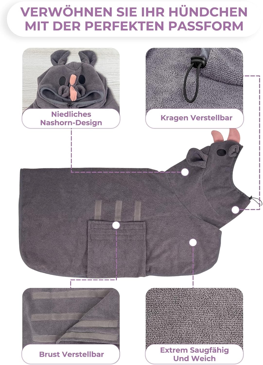 Einstellbarer Hundebademantel aus Mikrofaser, S Grau Rosa