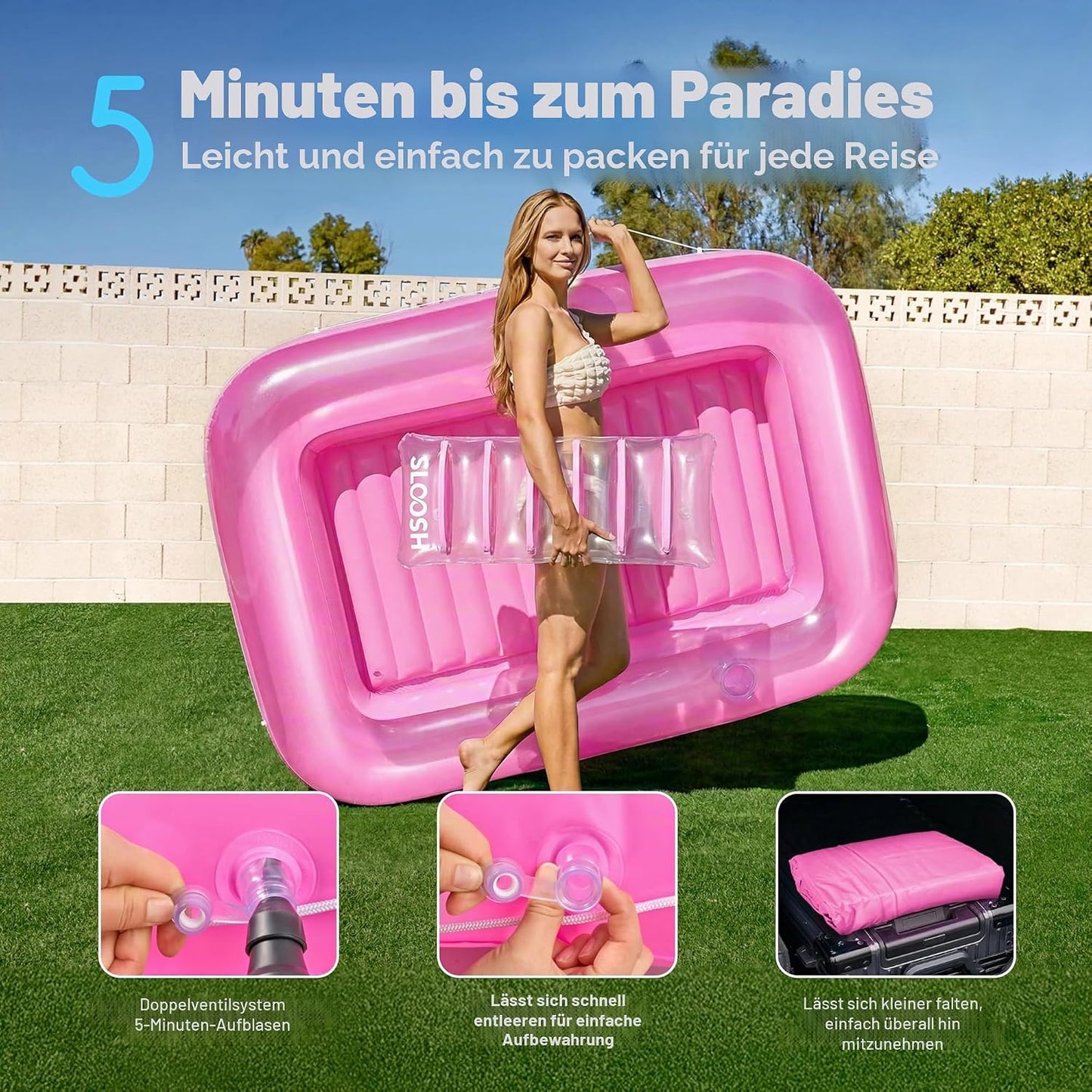 Aufblasbarer Sonnenpool mit abnehmbarem Kissen und Getränkehalter, Rosa L