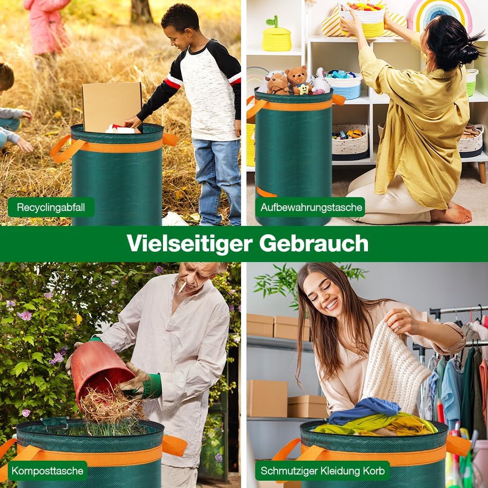 3er-Set Gartenabfallsäcke mit Deckel und Griffen, 272L Gartensack mit Deckel