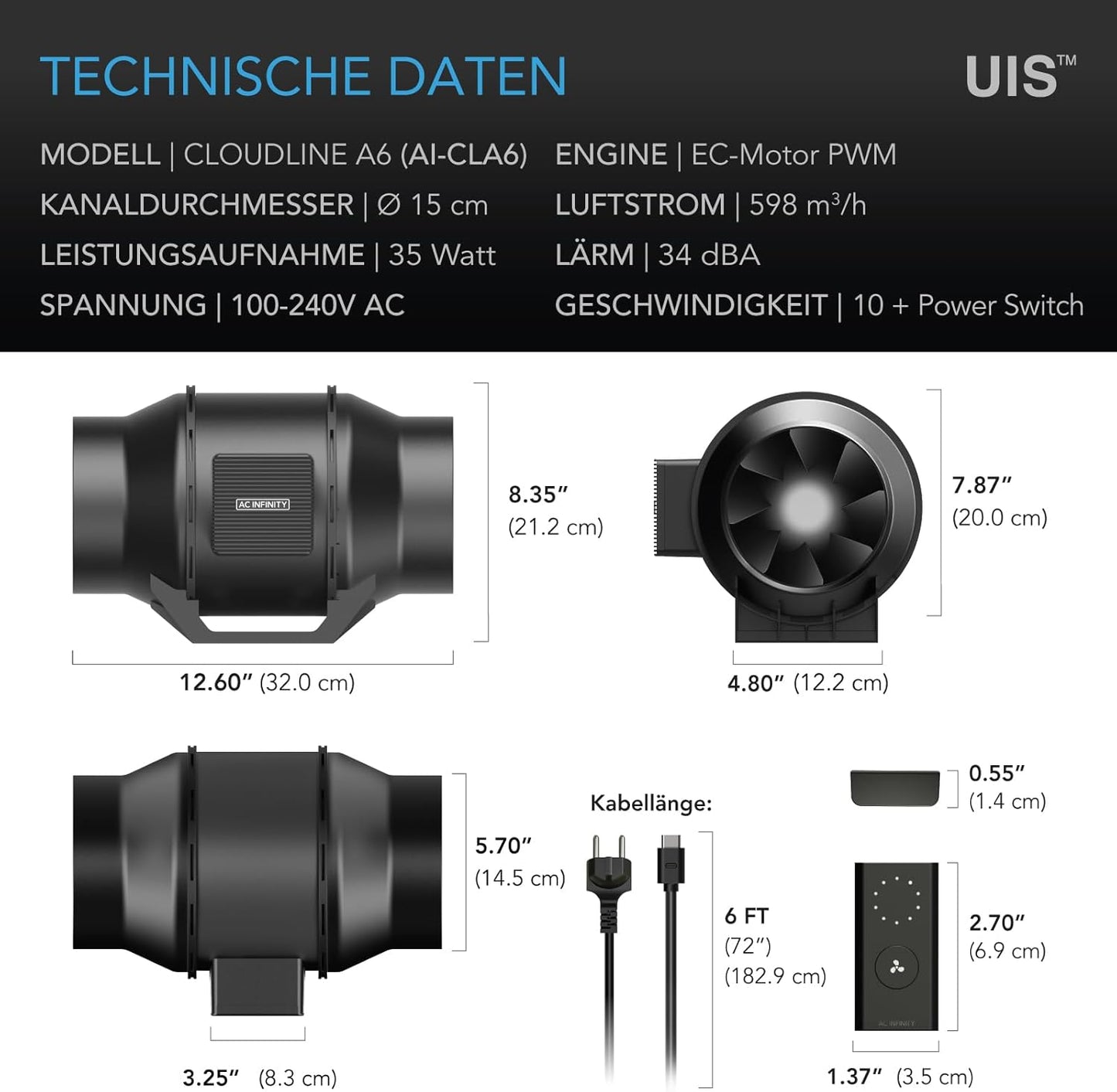 Leises Inline-Lüftersystem mit Drehzahlregler, A6 Speed Controller