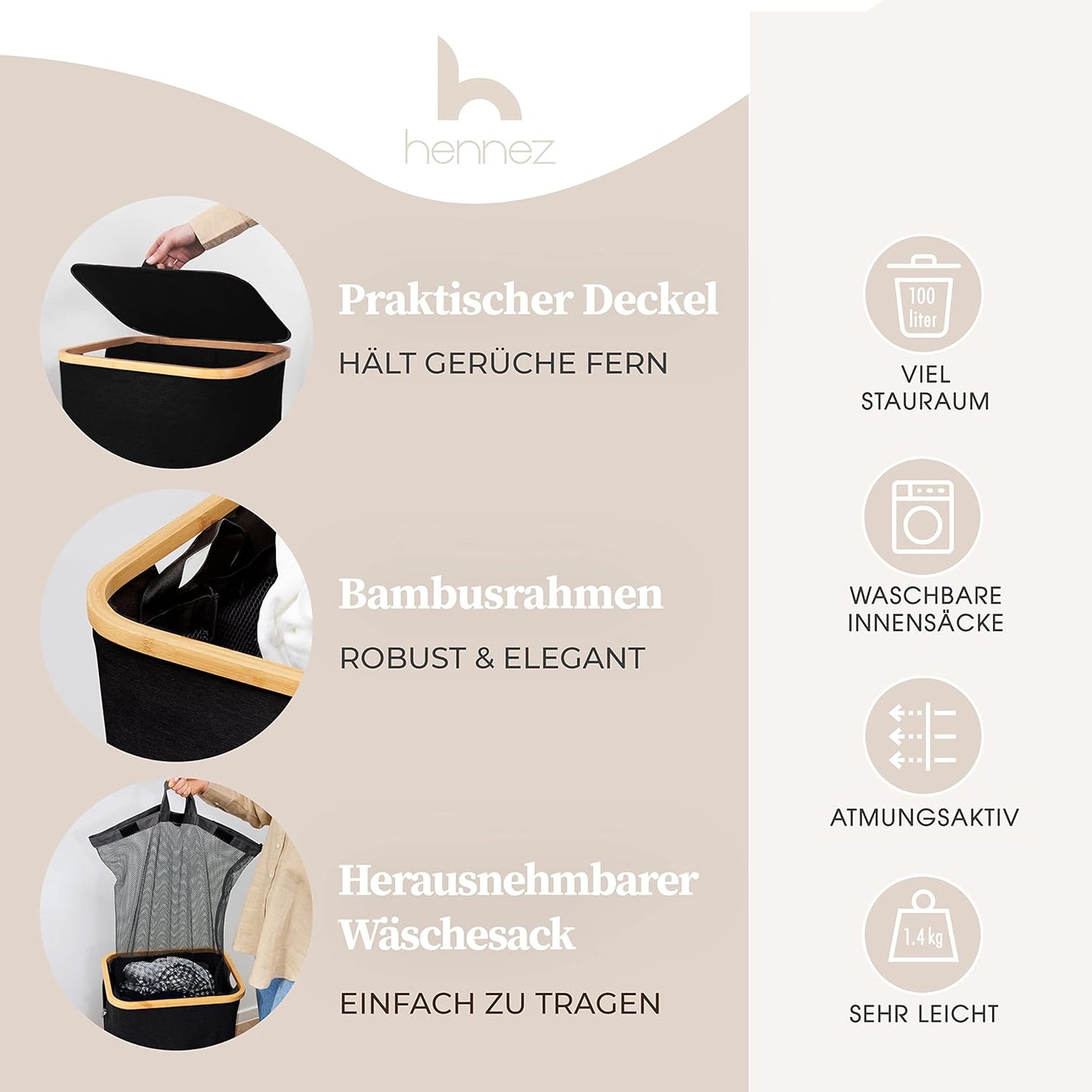 Wäschekorb mit Deckel, 100L 100l Schwarz
