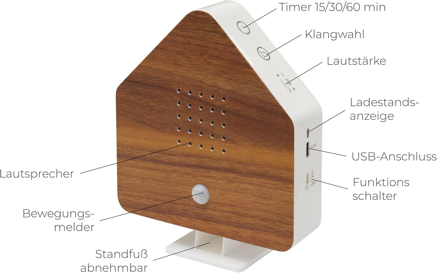 Naturgeräusche-Box mit Bewegungsmelder & Licht, Holzoptik
