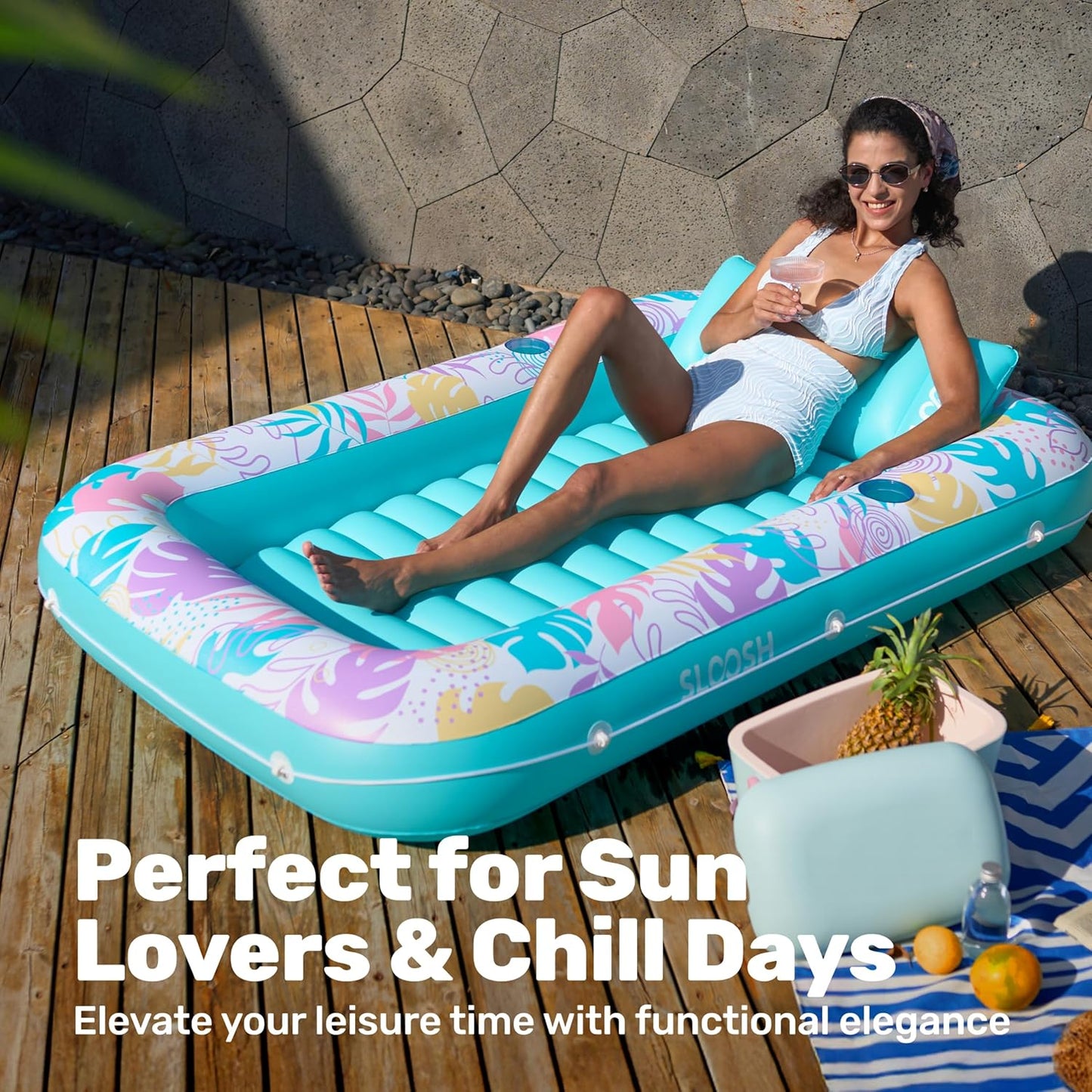 Aufblasbarer 4-in-1 Sonnenliegepool mit Kissen und Getränkehalter, Tropisches Blau L