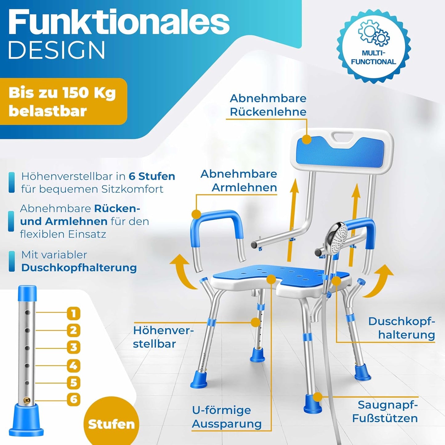 Höhenverstellbarer Duschhocker mit Lehne, Weiss / Blau