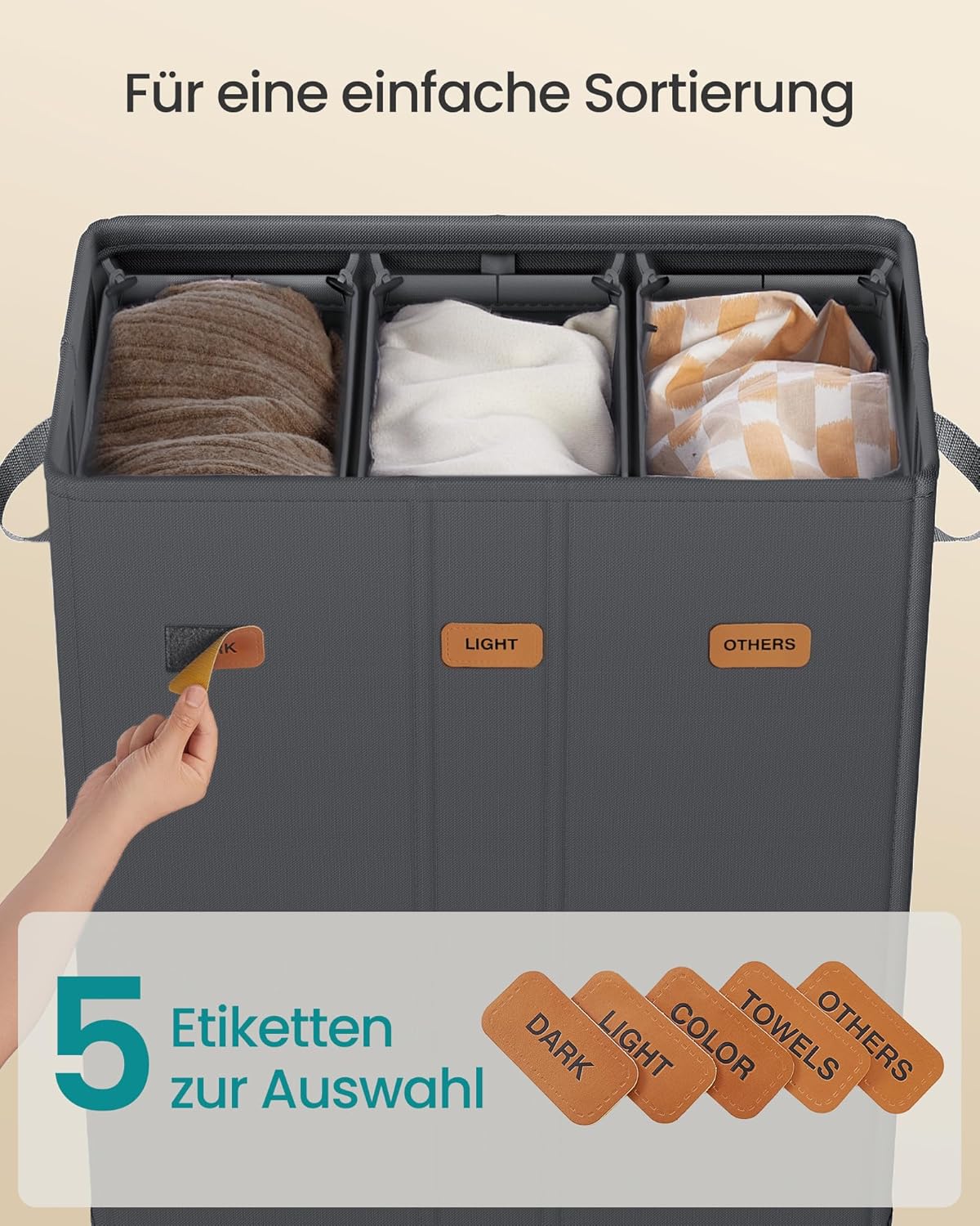 Wäschekorb mit 3 Fächern und Deckel, 160 L Dunkelgrau