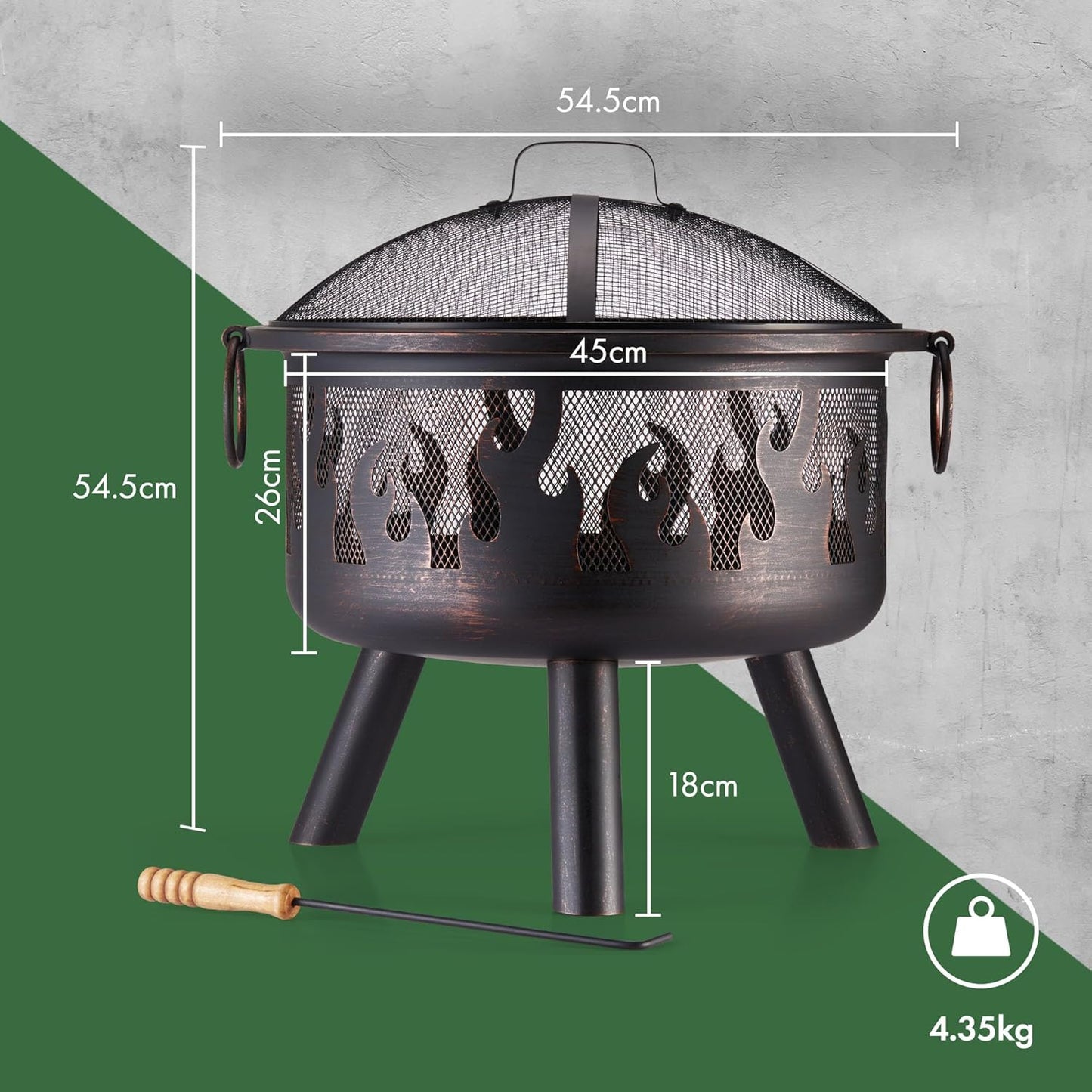Feuerstelle für Garten & Terrasse, tragbar & leicht, Schwarz mit Flammdesign