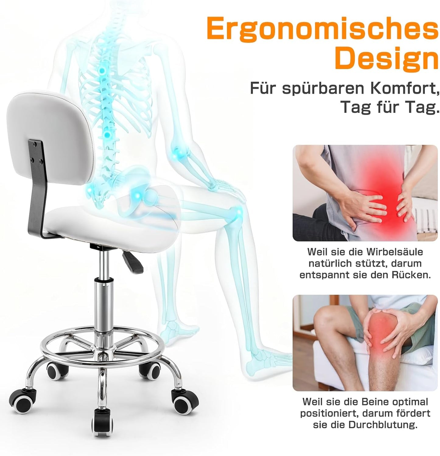 Höhenverstellbarer Sattelhocker mit Lehne, Weiss