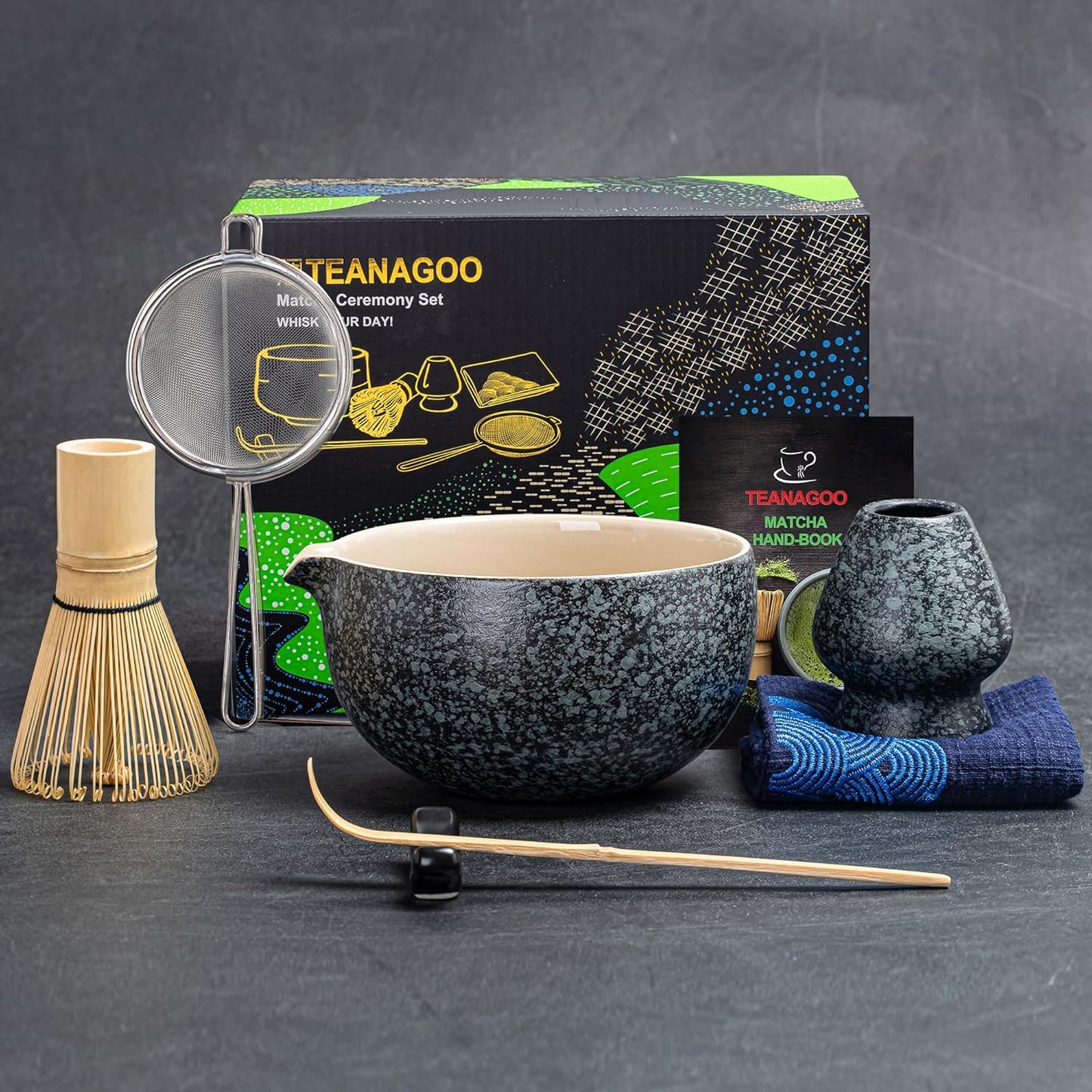 Matcha-Tee Set N17, 7Stück/Set, Schüssel mit Ausgiesser| Rocky-schwarz/Grau