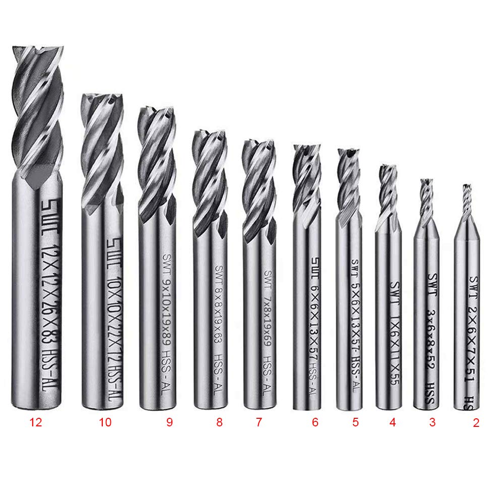 HSS Schaftfräser Set, 10 Stück, 2-12 mm, 10 Pieces-2/3/4/5/6/7/8/9/10/12mm