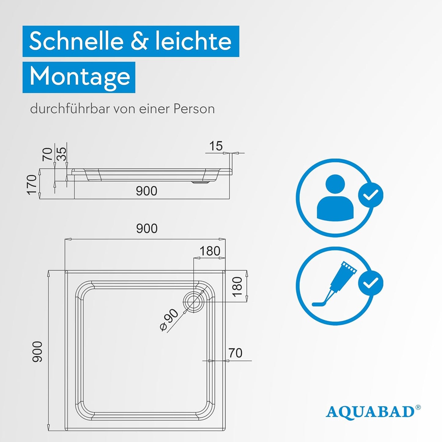 Duschwanne Forta Plus mit LeakProtect Technologie, 90 x 90 x 17 cm Smooth White
