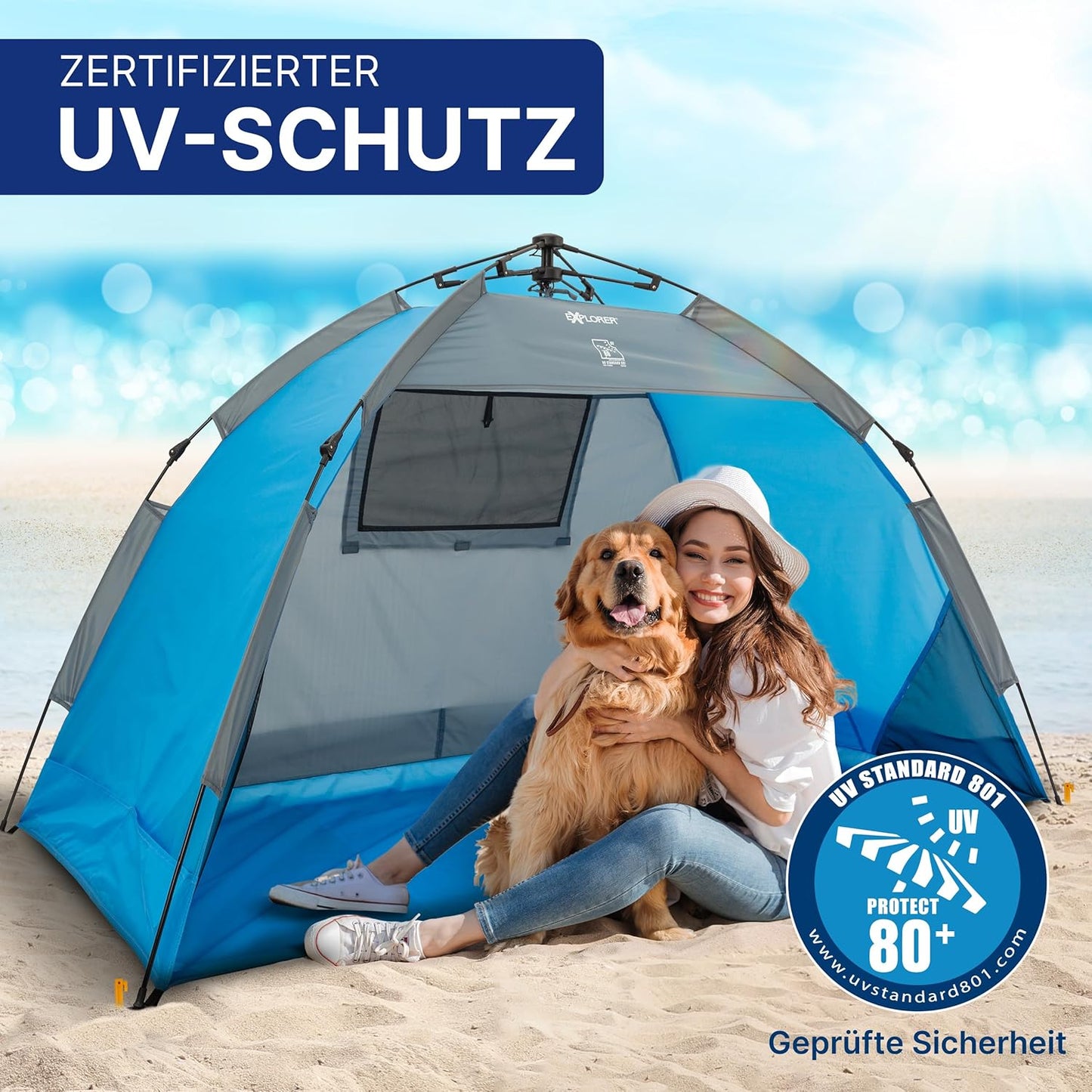 Automatik Strandmuschel mit UV-Schutz 80+, Automatik Blau