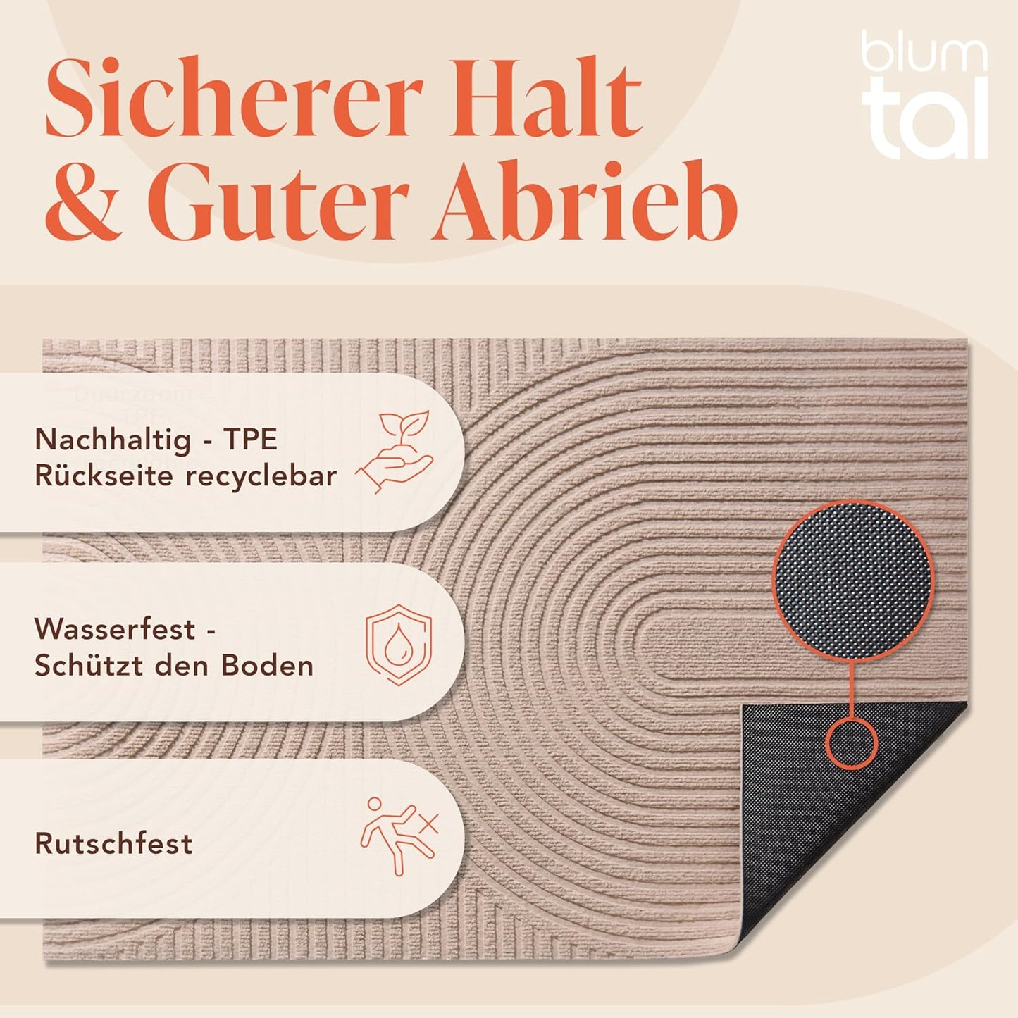 Rutschfeste Fussmatte, 60x90cm Beige Wellen