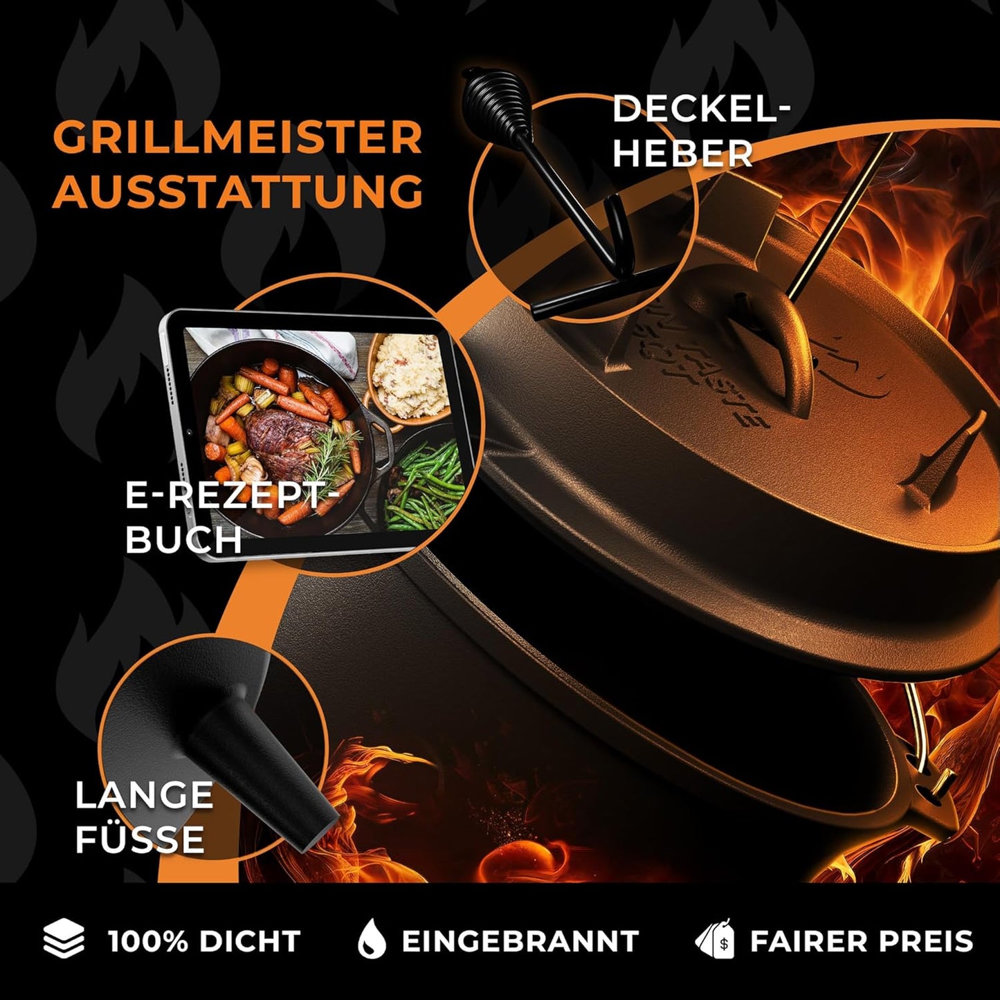 Dutch Oven Set ‎IT-007, mit Deckelheber und Füssen, mit Füßen 12 Liter