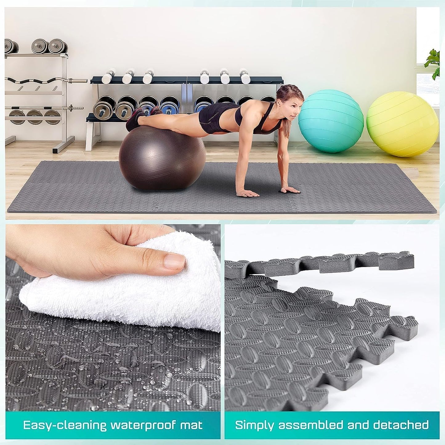 6er-Set Bodenschutzmatte für Fitnessgeräte, B. 2,2 M² (6 Fliesen) - Grau