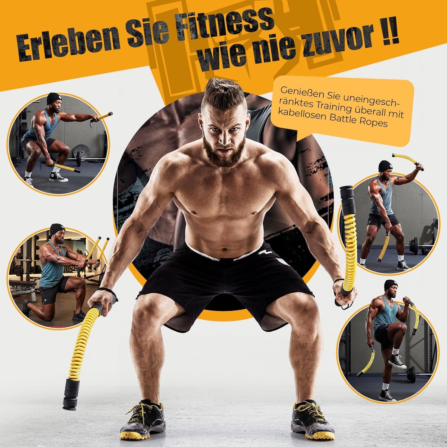 Battle Ropes mit Gegengewichten, Gelb + Schwarz