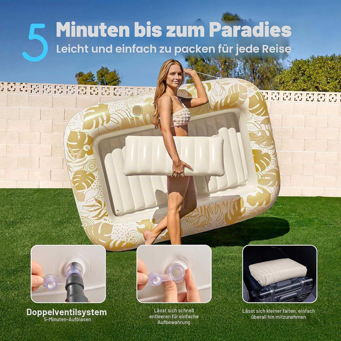 Aufblasbarer 4-in-1 Sonnenliegepool mit Kissen und Getränkehalter, Gold Weiss L