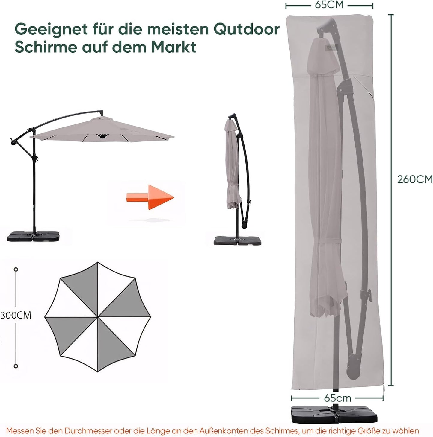 Sonnenschirm Schutzhülle für Ampelschirm, reissfest, Grau 260 x 65 cm