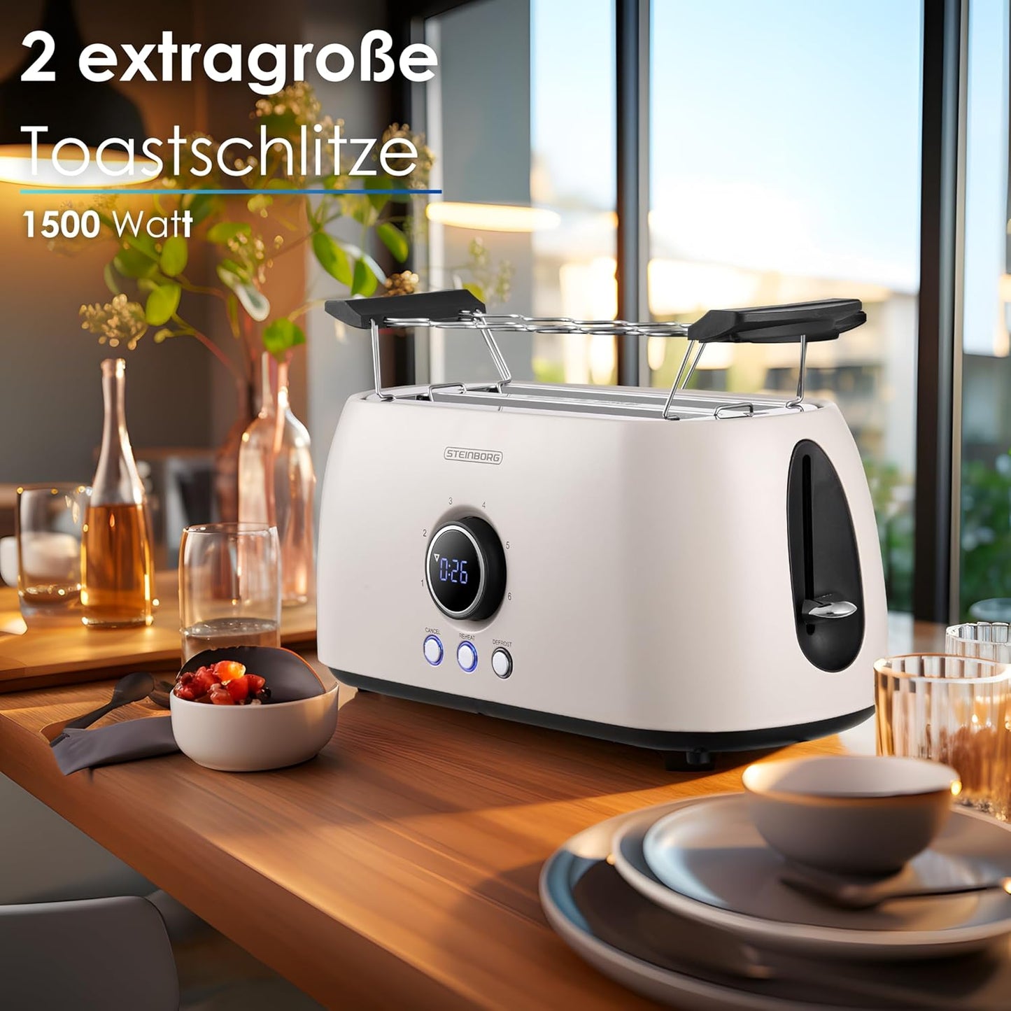 Toaster mit Brötchenaufsatz, 4 Scheiben, LED-Anzeige, Bulgur Beige