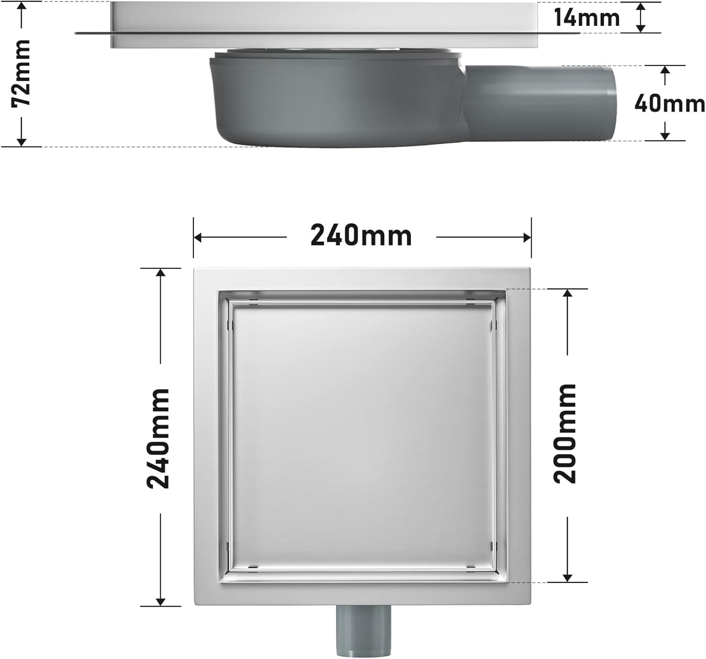Quadratische Duschrinne, Silber 20cm