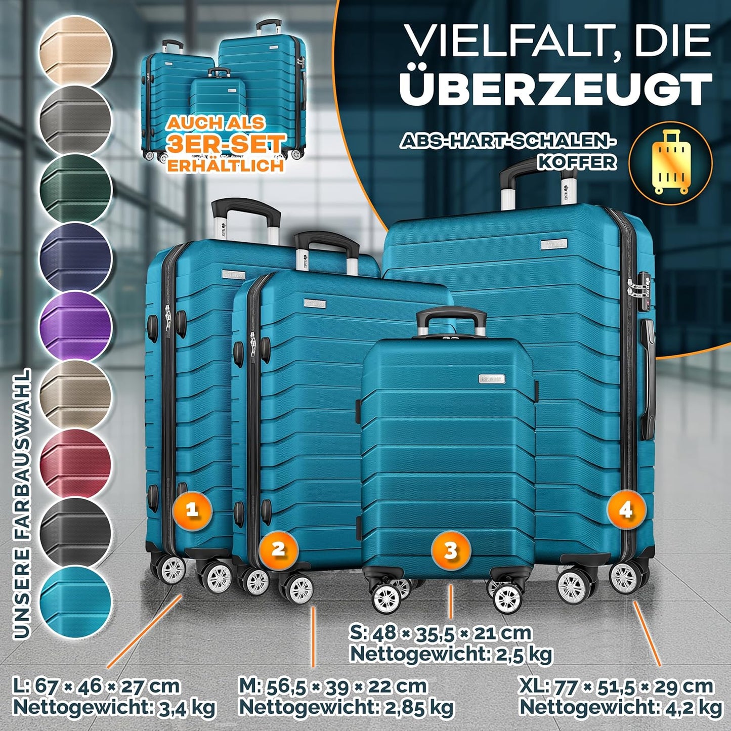 Reisekoffer-Set mit TSA-Schloss (4-teilig), Türkis Kofferset 4tlg