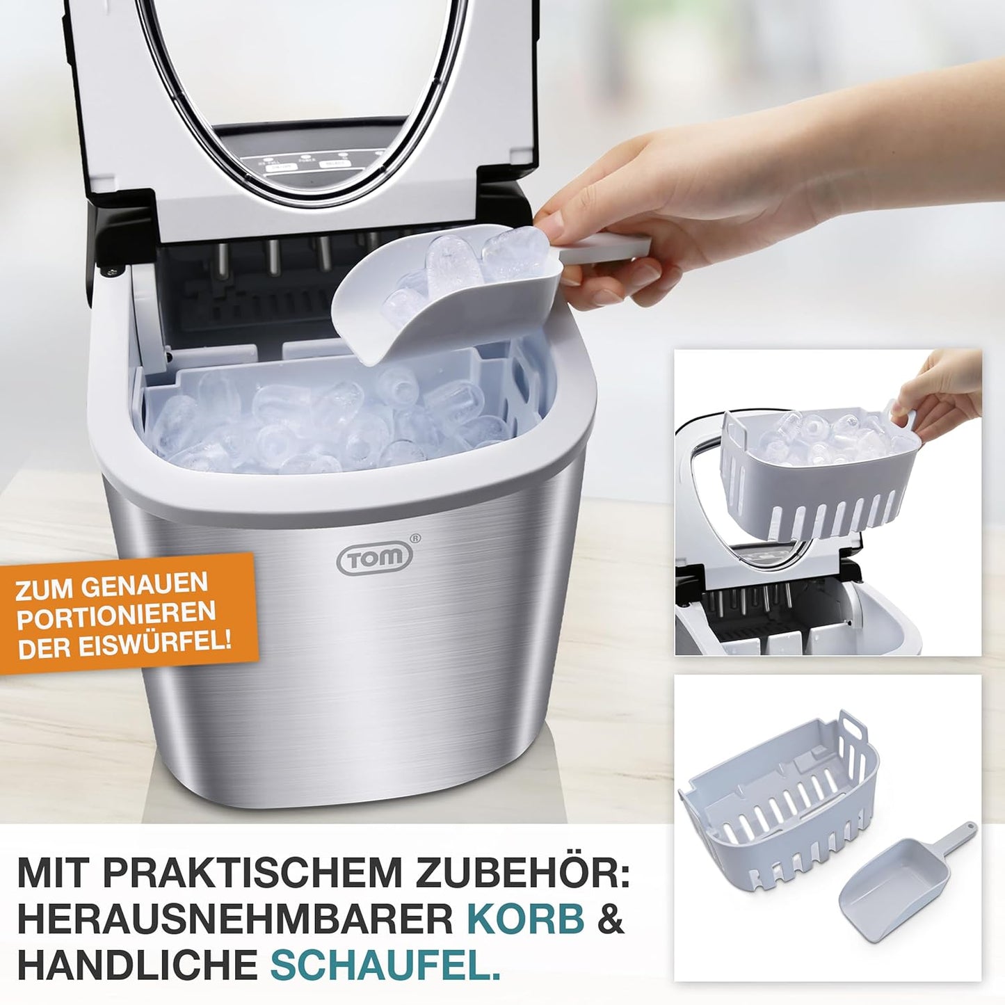 Eiswürfelmaschine mit LED-Display & Eiszange, Silber