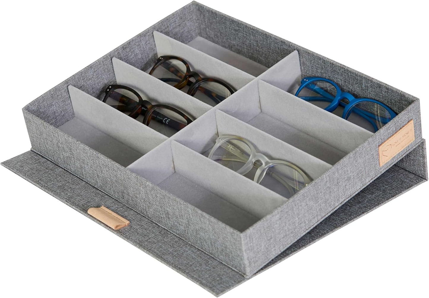 Premium Brillenbox für 8 Brillen aus Leinenstoff, Hellgrau