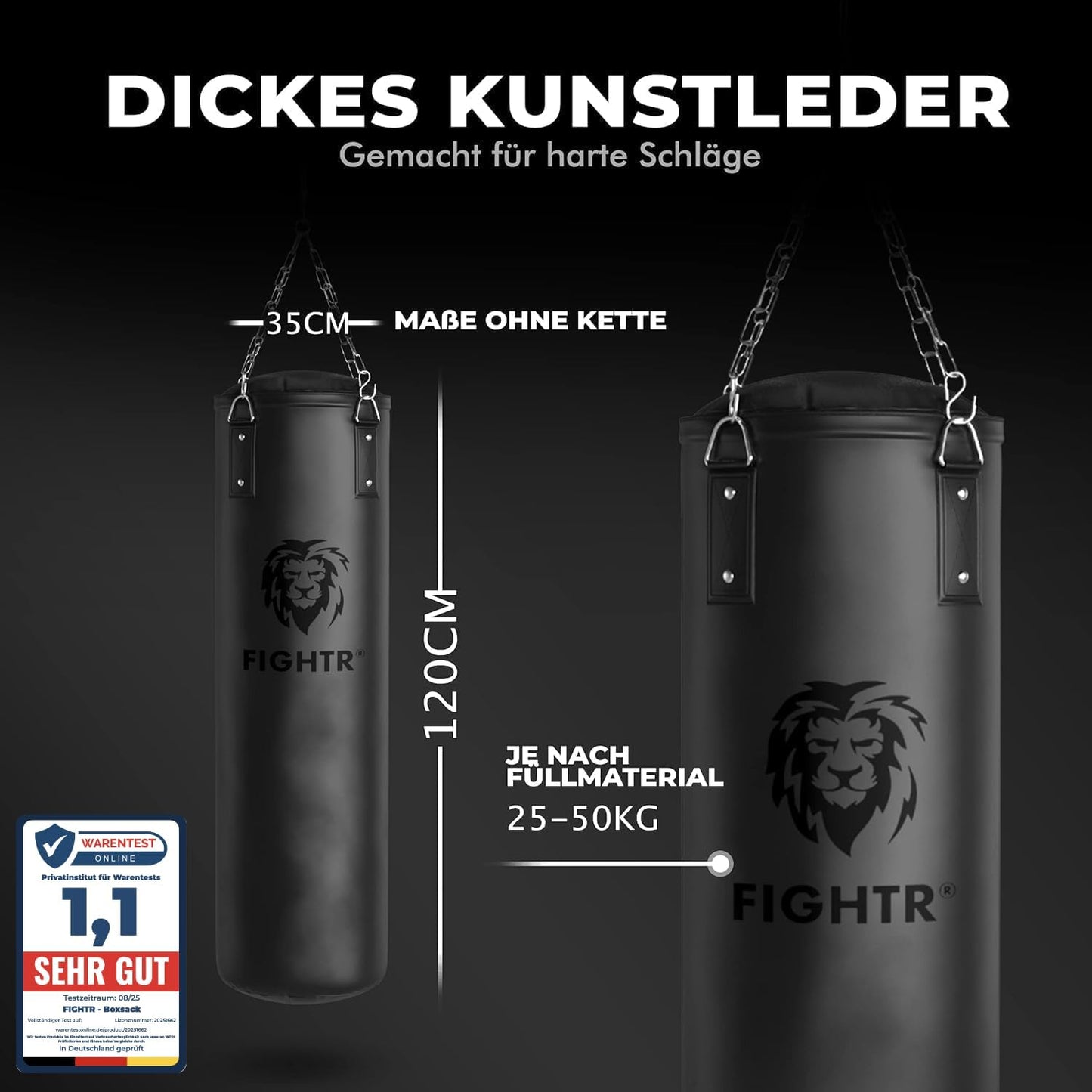 Boxsack Set mit 4-Punkt-Stahlkette für Kampfsport, leer All Black