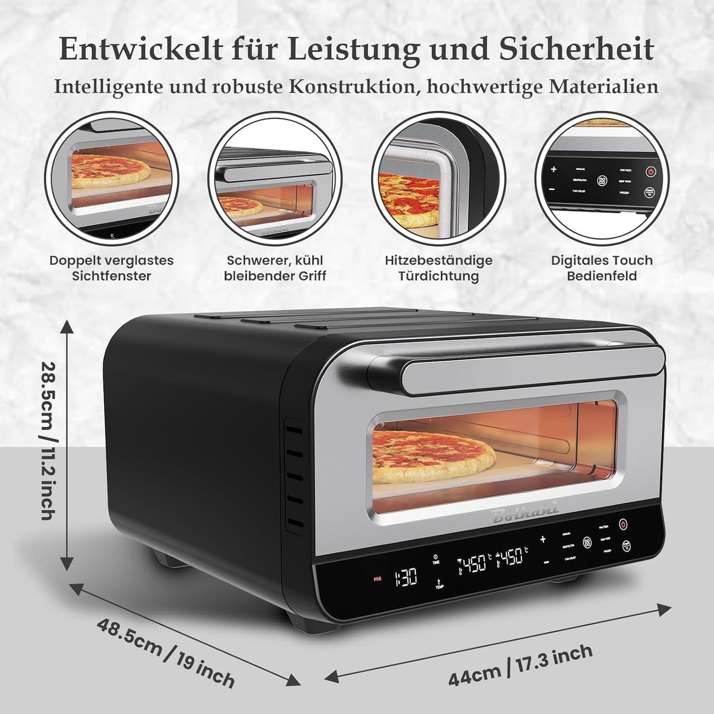 Elektrischer Pizzaofen mit Pizzastein & Timer, Schwarz