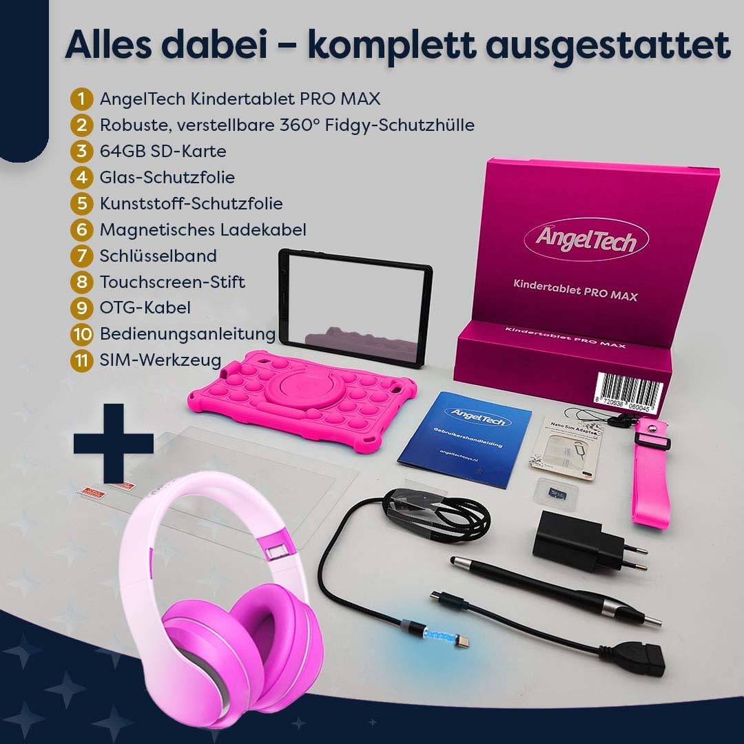 Kinder-Tablet PRO MAX mit Kopfhörern, Kinderpaket Rosa