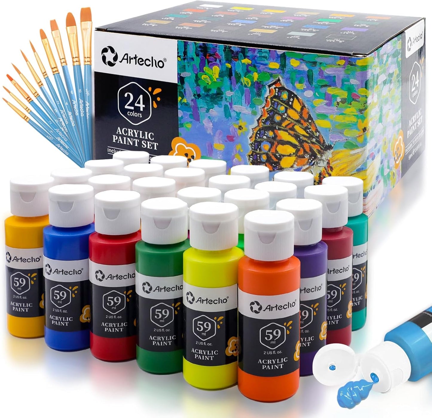 34-teiliges Acrylfarben-Set mit Pinseln, 24 x 59ml + 10 Pinsel