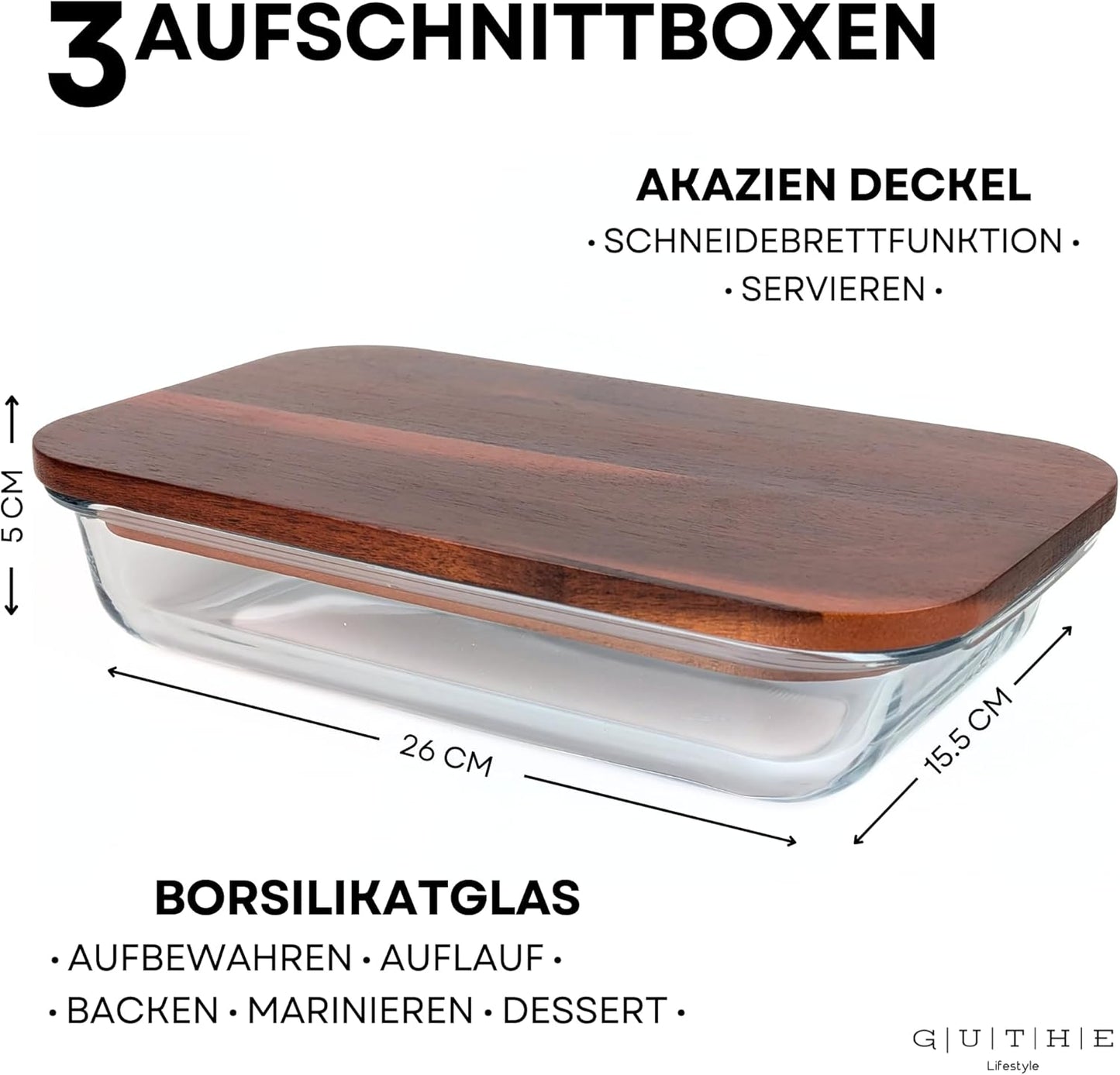 3er Set stapelbare Aufschnittboxen, 3er Akazie