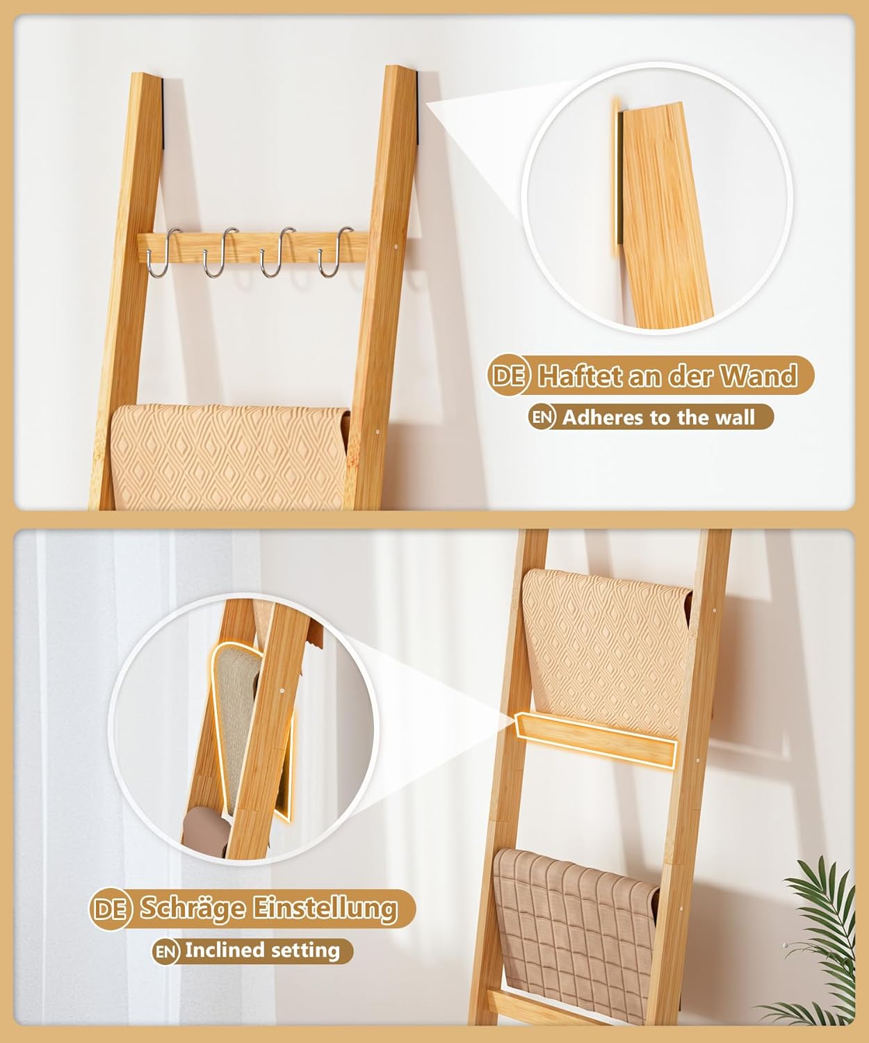 Handtuchleiter mit 6 Sprossen und Sicherheitsriemen, Bambus