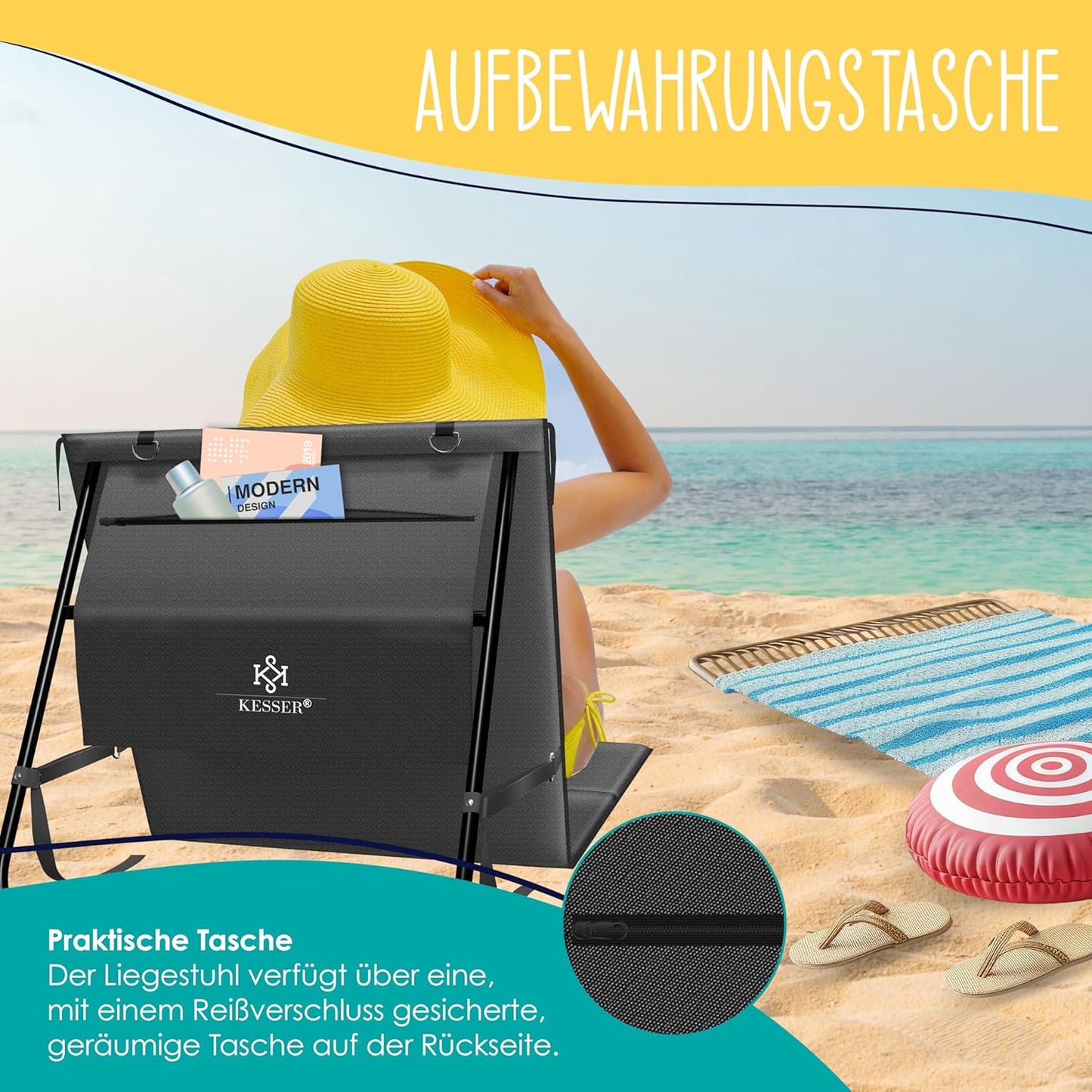 Klappbare Strandmatte mit verstellbarer Rückenlehne und Tragegurt 2er-Set, 2 Stück Schwarz