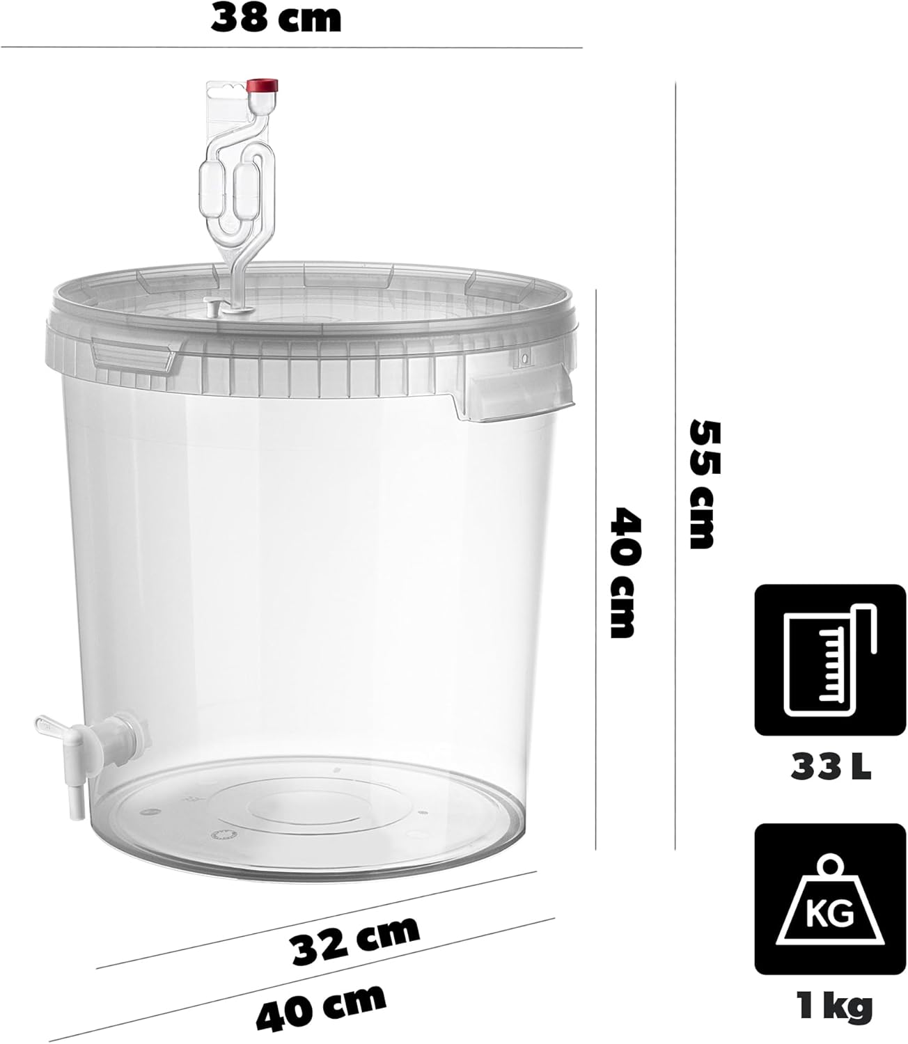 Gäreimer, 33 Liter, + Auslaufhahn, Gärröhrchen & Gummistopfen 33l, Transparent