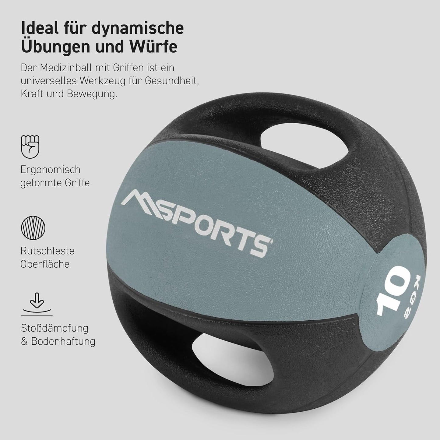 Medizinball mit Griffen, 10 kg - Hellgrau