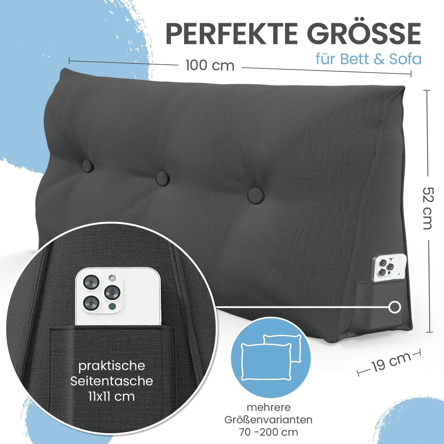 Rückenkissen mit Seitentaschen und abnehmbarem Bezug, Anthrazit 100 cm