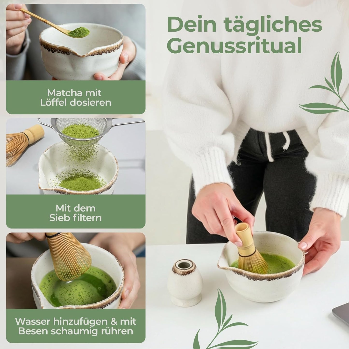 5-teiliges Matcha-Teeset, Weiss mit Braunem Rand