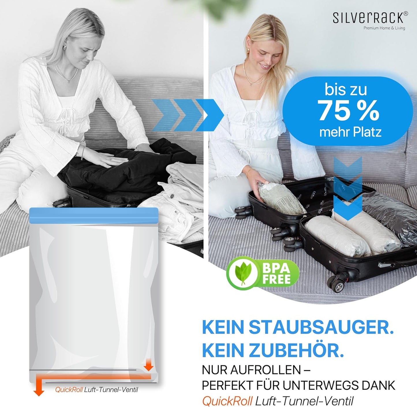 8-teiliges Vakuumbeutel-Set für Kleidung, 8x Beutel - (8xL (40x60 cm) zum Aufrollen)