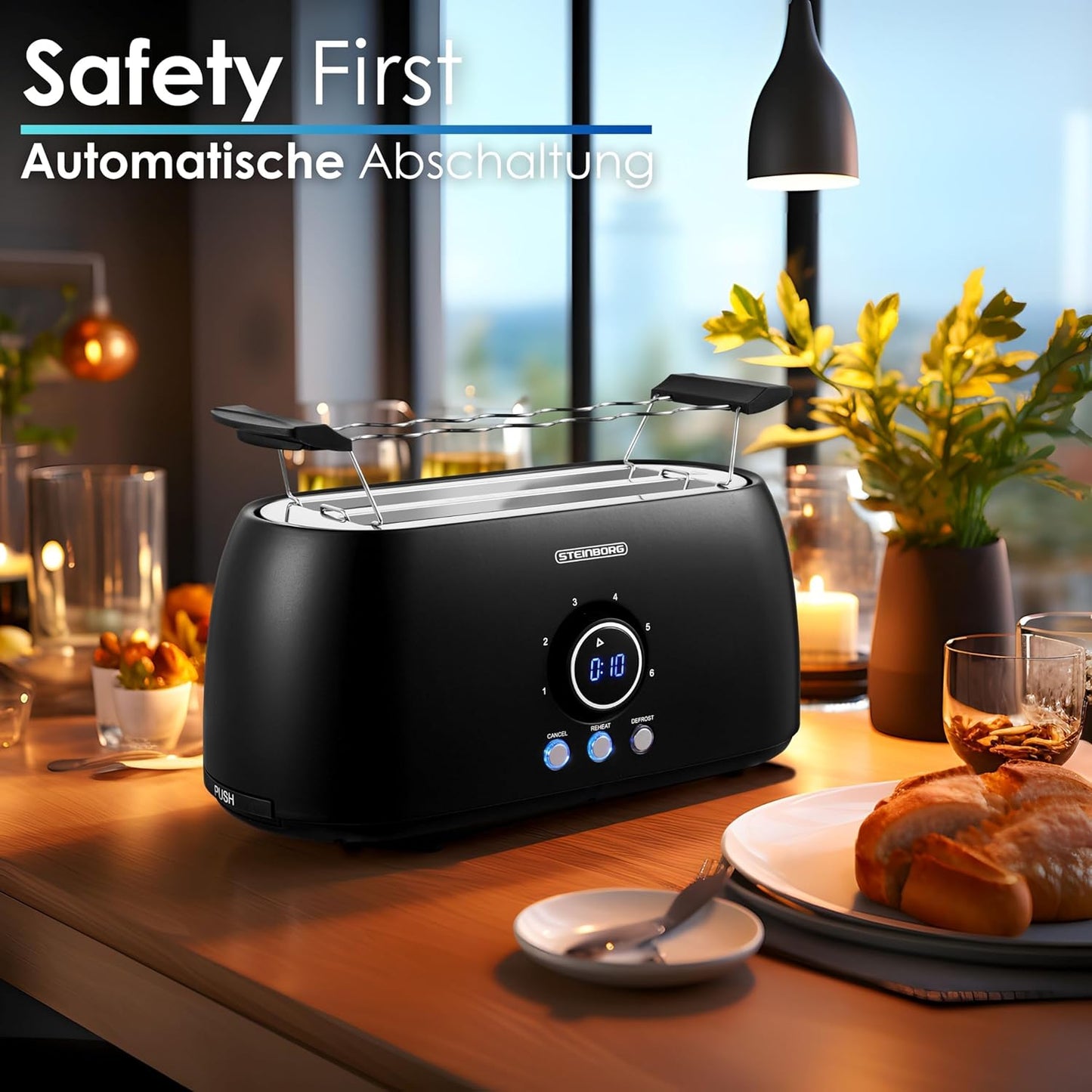 Langschlitztoaster mit Brötchenaufsatz, Schwarz