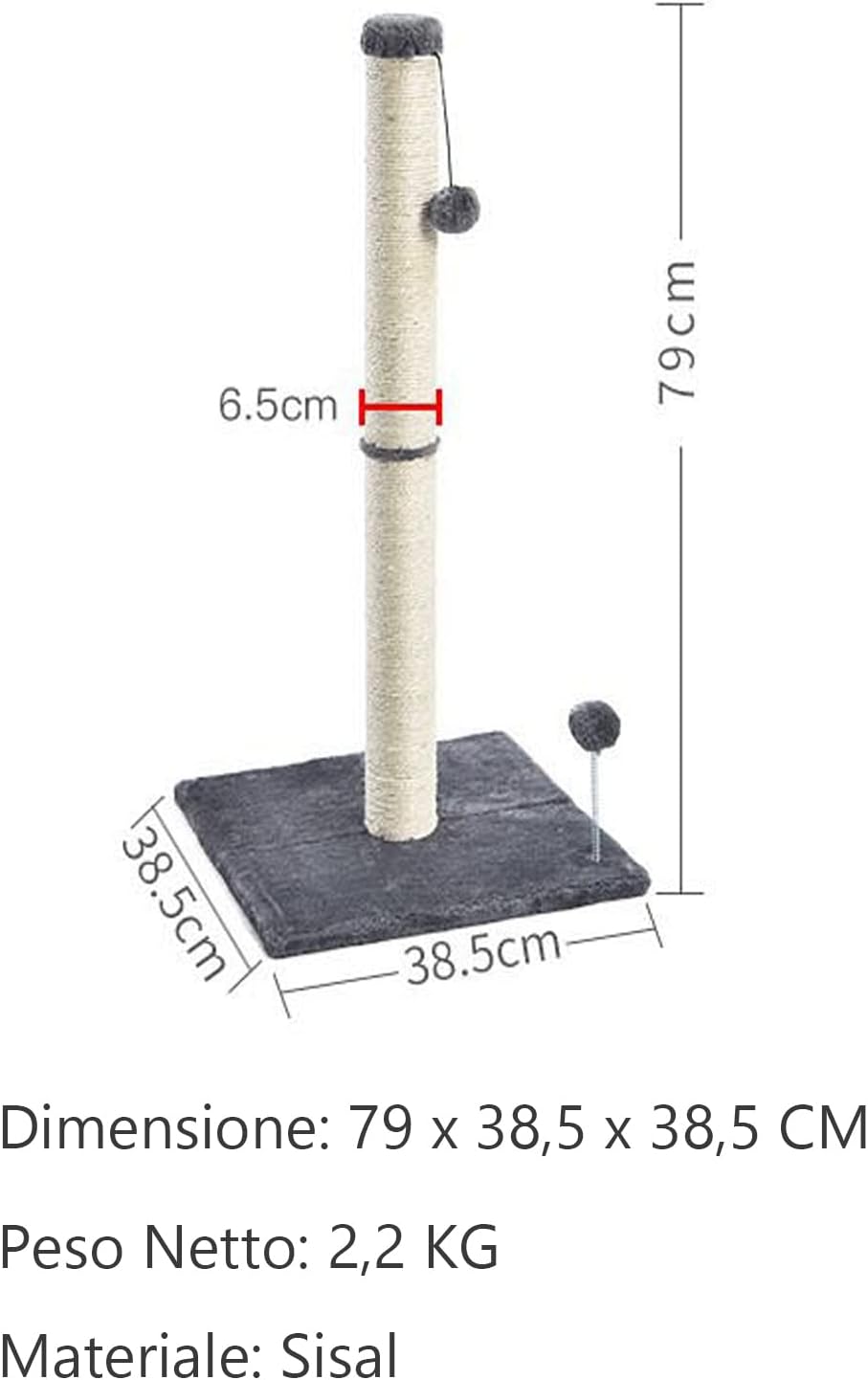 Kratzsäule mit hängendem Ball, 80CM